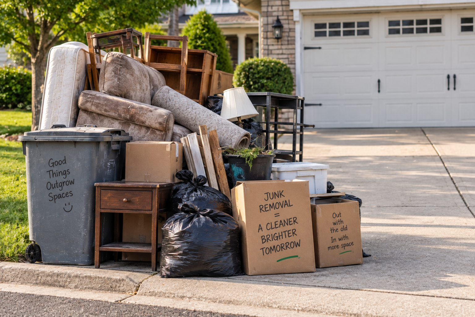 Household items, furniture, and bags staged at the curb for pickup