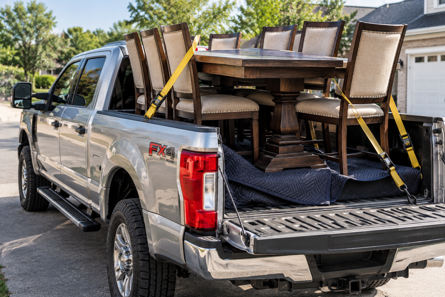 A silver pickup truck loaded with a dining table and chairs for local delivery