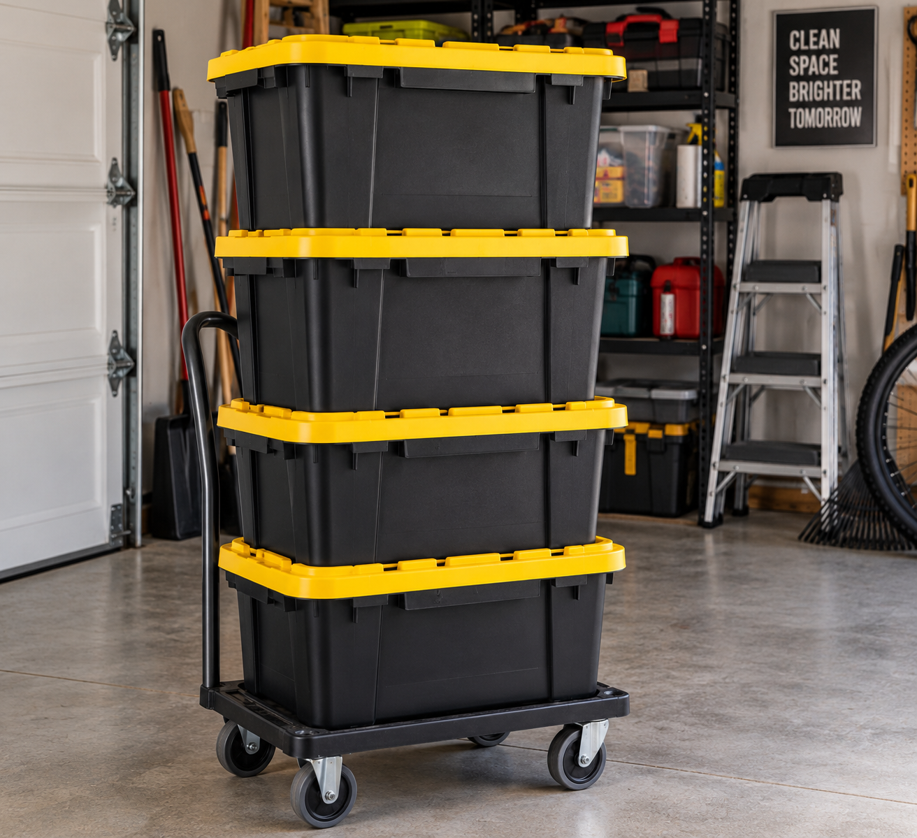 Stacked reusable Gateway moving bins with yellow lids on a cart in a garage