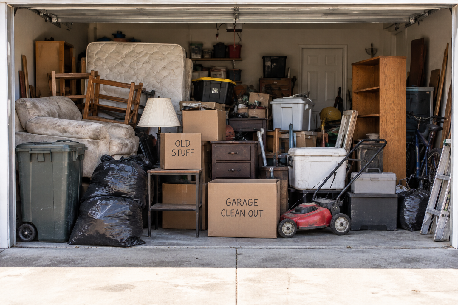 A residential garage staged with boxes, furniture, and household items ready for a clean out