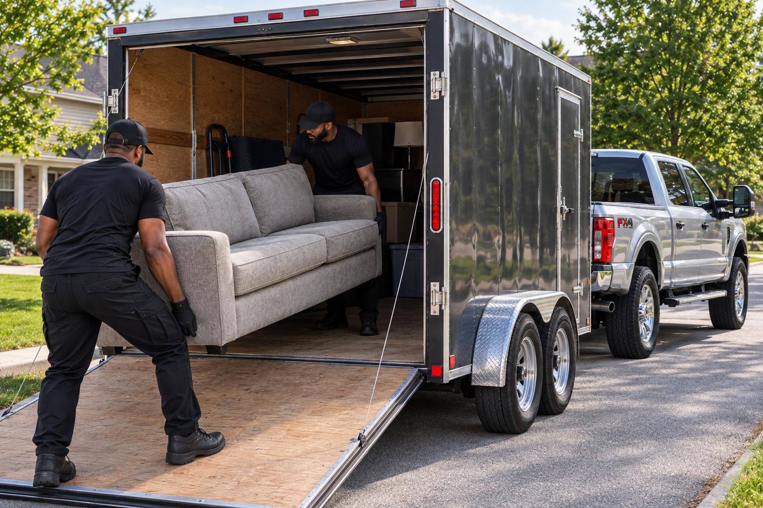 Movers loading a couch into a trailer attached to a silver truck