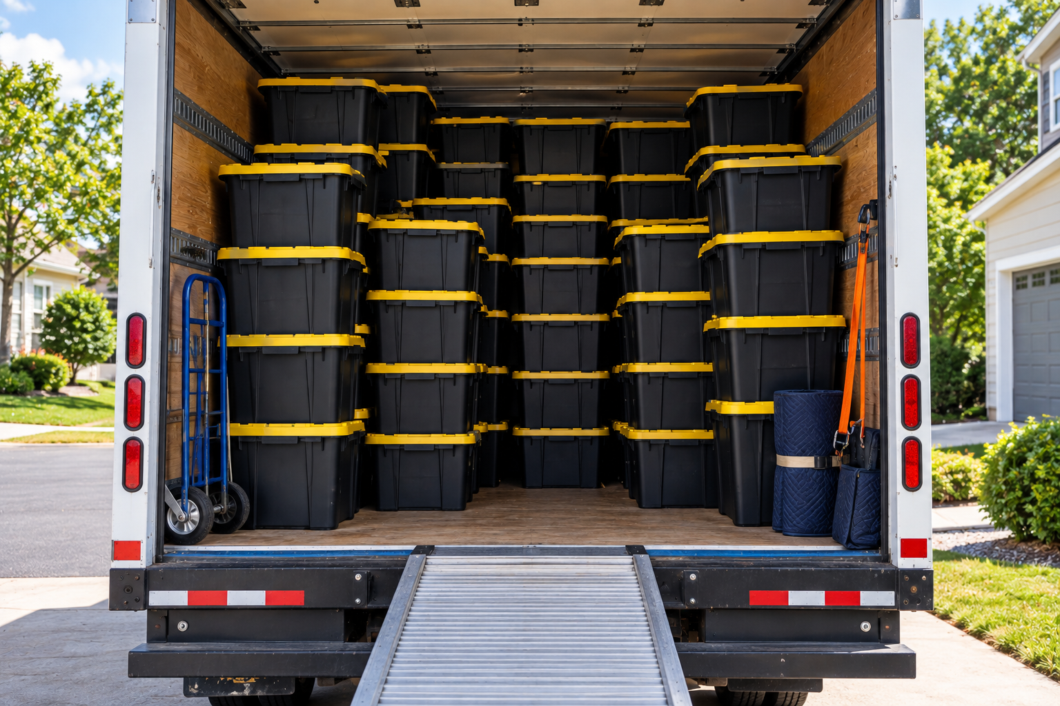 Gateway truck loaded with reusable black moving bins with yellow lids, ready for pickup