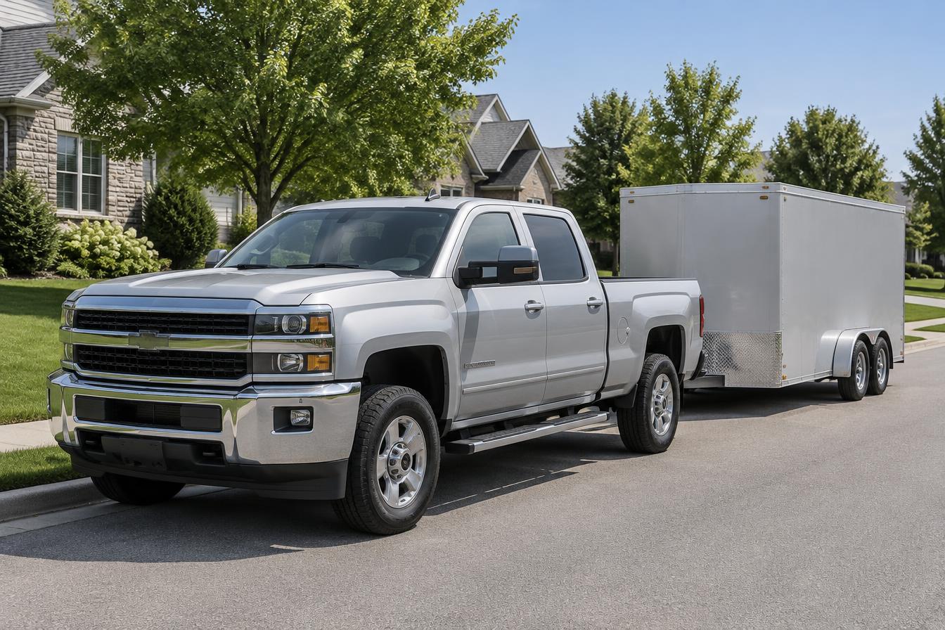 A silver Gateway Hauling heavy-duty truck with a 6x12 trailer parked at a curb